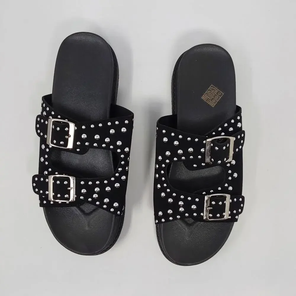Women's Black Studded Double Buckle Platform Slide Sandals US 10.5 EU 41 New